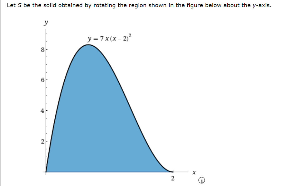 Let S be the solid obtained by rotating the region shown in the figure below about the y-axis.
y
y=7x(x - 2)²
X
8
6
4
2
2
ii