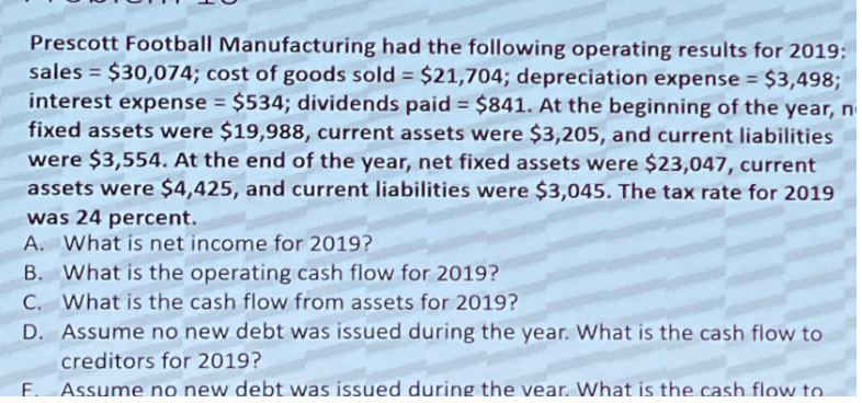 Prescott Football Manufacturing had the following operating results for 2019:
sales = $30,074; cost of goods sold = $21,704; depreciation expense = $3,498;
interest expense = $534; dividends paid = $841. At the beginning of the year, n
fixed assets were $19,988, current assets were $3,205, and current liabilities
were $3,554. At the end of the year, net fixed assets were $23,047, current
assets were $4,425, and current liabilities were $3,045. The tax rate for 2019
was 24 percent.
A. What is net income for 2019?
B. What is the operating cash flow for 2019?
C. What is the cash flow from assets for 2019?
D. Assume no new debt was issued during the year. What is the cash flow to
creditors for 2019?
F. Assume no new debt was issued during the year. What is the cash flow to
