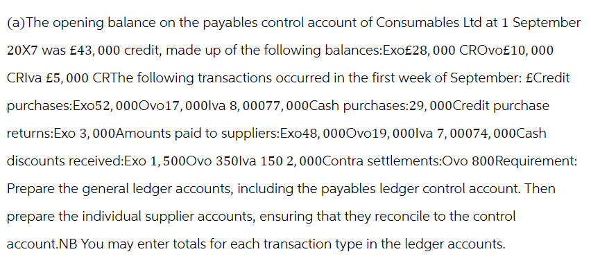 (a) The opening balance on the payables control account of Consumables Ltd at 1 September
20X7 was £43,000 credit, made up of the following balances:Exo£28,000 CROvo£10, 000
CRIva £5,000 CRThe following transactions occurred in the first week of September: £Credit
purchases:Exo52, 000Ovo17, 000lva 8, 00077, 000Cash purchases:29, 000Credit purchase
returns:Exo 3,000Amounts paid to suppliers:Exo48, 000Ovo 19, 000lva 7,00074, 000Cash
discounts received:Exo 1,500Ovo 350lva 150 2, 000Contra settlements:Ovo 800Requirement:
Prepare the general ledger accounts, including the payables ledger control account. Then
prepare the individual supplier accounts, ensuring that they reconcile to the control
account.NB You may enter totals for each transaction type in the ledger accounts.
