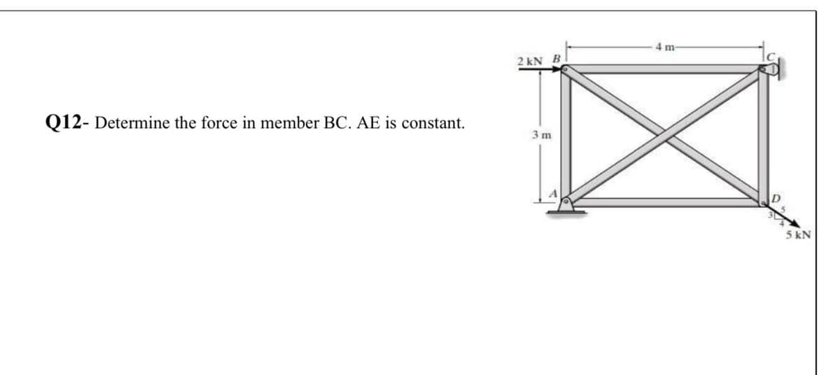 4 m-
2 kN B
Q12- Determine the force in member BC. AE is constant.
3 m
5 kN
