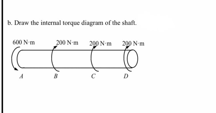 . Draw the internal torque diagram of the shaft.
600 N•m
200 N m
200 N m
200 N m
A
В
C
D

