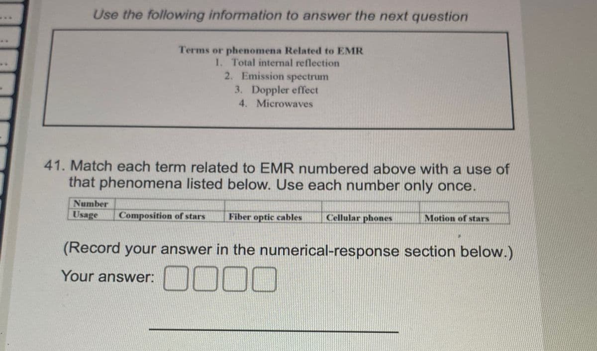 Use the following information to answer the next question
Terms or phenomena Related to EMR
1. Total internal reflection
2. Emission spectrum
3. Doppler effect
4. Microwaves
41. Match each term related to EMR numbered above with a use of
that phenomena listed below. Use each number only once.
Number
Usage Composition of stars Fiber optic cables
Cellular phones
Motion of stars
(Record your answer in the numerical-response section below.)
Your answer:
0000