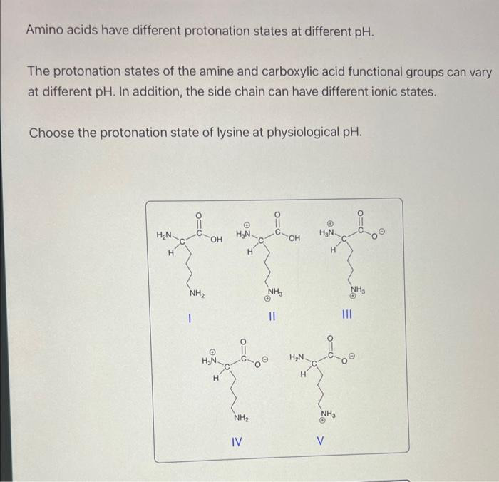 Amino acids have different protonation states at different pH.
The protonation states of the amine and carboxylic acid functional groups can vary
at different pH. In addition, the side chain can have different ionic states.
Choose the protonation state of lysine at physiological pH.
H₂N-
H
NH₂
I
OH
H₂N.
H₂N
H
0=6
NH₂
IV
NH₂
||
OH
H₂N.
H
H₂N
H
NH₂
O
V
NH₂
|||