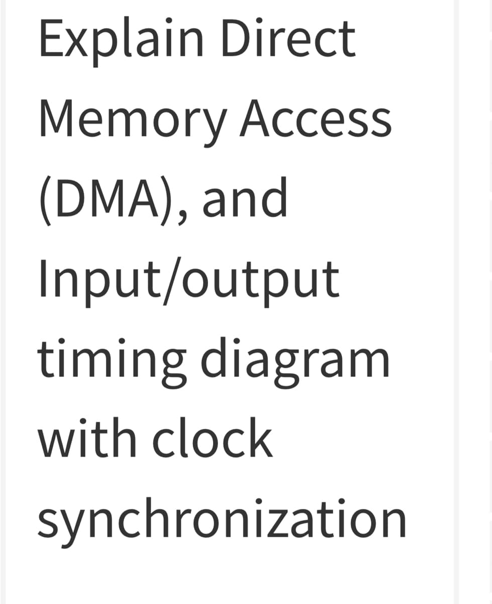 Explain Direct
Memory Access
(DMA), and
Input/output
timing diagram
with clock
synchronization
