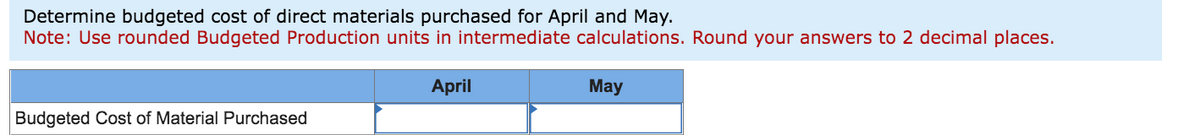 Determine budgeted cost of direct materials purchased for April and May.
Note: Use rounded Budgeted Production units in intermediate calculations. Round your answers to 2 decimal places.
April
Budgeted Cost of Material Purchased
May