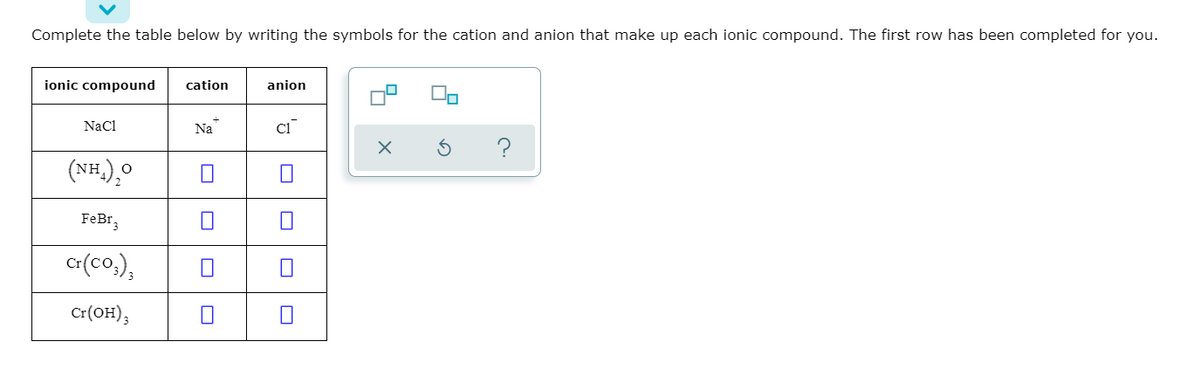 Complete the table below by writing the symbols for the cation and anion that make up each ionic compound. The first row has been completed for you.
ionic compound
cation
anion
NaCl
Na
(NH.).O
FeBr,
Cr(co.),
Cr(OH),
