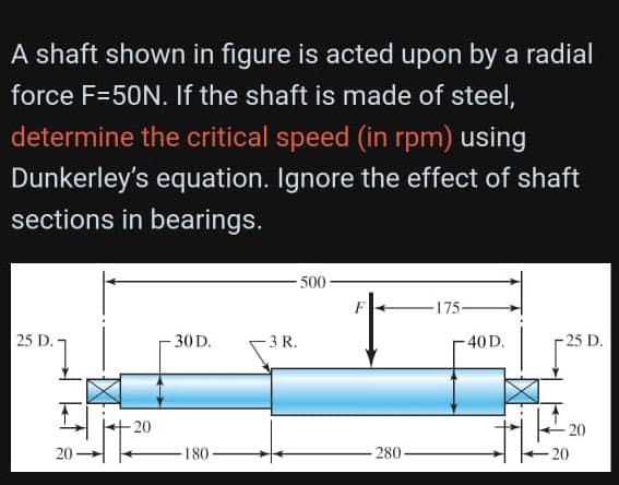 A shaft shown in figure is acted upon by a radial
force F-50N. If the shaft is made of steel,
determine the critical speed (in rpm) using
Dunkerley's equation. Ignore the effect of shaft
sections in bearings.
25 D.
20
-20
30 D.
-180
3 R.
500
F
280-
-175-
-40 D.
-25 D.
20
-20