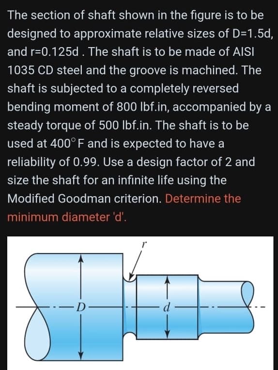 The section of shaft shown in the figure is to be
designed to approximate relative sizes of D=1.5d,
and r=0.125d. The shaft is to be made of AISI
1035 CD steel and the groove is machined. The
shaft is subjected to a completely reversed
bending moment of 800 lbf.in, accompanied by a
steady torque of 500 lbf.in. The shaft is to be
used at 400°F and is expected to have a
reliability of 0.99. Use a design factor of 2 and
size the shaft for an infinite life using the
Modified Goodman criterion. Determine the
minimum diameter 'd'.