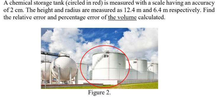 A chemical storage tank (circled in red) is measured with a scale having an accuracy
of 2 cm. The height and radius are measured as 12.4 m and 6.4 m respectively. Find
the relative error and percentage error of the volume calculated.
29
Figure 2.
30