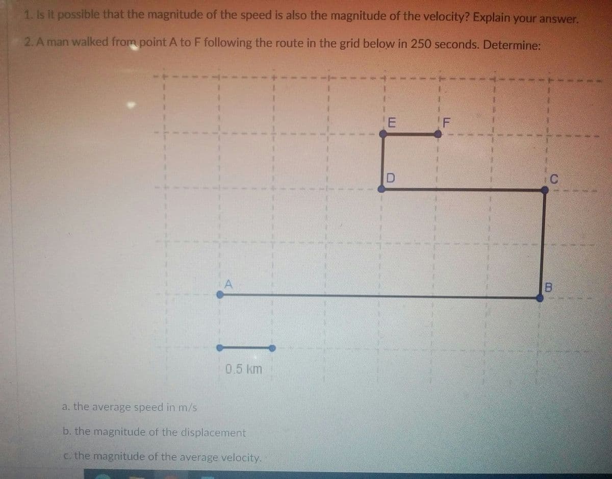 1. Is it possible that the magnitude of the speed is also the magnitude of the velocity? Explain your answer.
2. A man walked from point A to F following the route in the grid below in 250 seconds. Determine:
F
B.
0.5 km
a. the average speed in m/s
b. the magnitude of the displacement
c. the magnitude of the average velocity.
E.
A.
