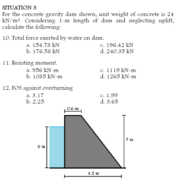 SITUATION 3
For the concrete gravity dam shown, unit weight of concrete is 24
kN/m3. Considering 1-m length of dam and neglecting uplift,
calculate the following:
10. Total force exerted by water on dam.
c. 196.42 kN
d. 240.35 kN
a. 154.78 kN
b. 176.58 kN
11. Resisting moment.
c. 1119 kN-m
d. 1265 kN-m
a. 956 kN-m
b. 1085 kN-m
12. FOS against overturning
a. 3.17
b. 2.25
c. 1.99
d. 3.65
0.6 m
7 m
6 m
4.2 m
