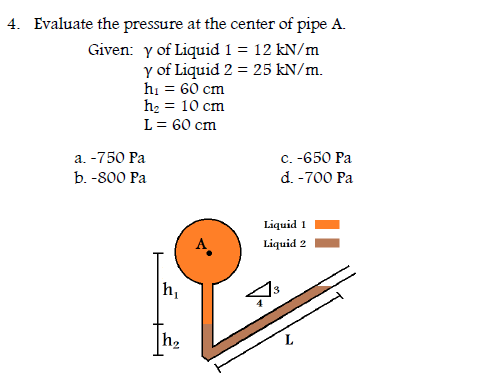 4. Evaluate the pressure at the center of pipe A.
Given: y of Liquid 1 = 12 kN/m
y of Liquid 2 = 25 kN/m.
hi = 60 cm
h2 = 10 cm
L = 60 cm
а. -750 Рa
c.-650 Pa
b. -800 Pa
d. -700 Pa
Liquid 1
Liquid 2
h,
h2
