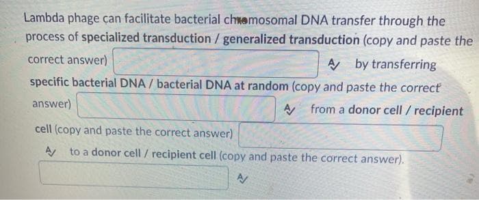 Lambda phage çan facilitate bacterial chemosomal DNA transfer through the
process of specialized transduction / generalized transduction (copy and paste the
correct answer)
A by transferring
specific bacterial DNA / bacterial DNA at random (copy and paste the correct
answer)
A from a donor cell / recipient
cell (copy and paste the correct answer)
A to a donor cell / recipient cell (copy and paste the correct answer).
