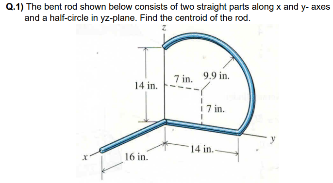 Q.1) The bent rod shown below consists of two straight parts along x and y- axes
and a half-circle in yz-plane. Find the centroid of the rod.
7 in. 9.9 in.
14 in.
i 7 in.
y
14 in.-
16 in.
