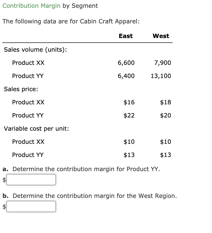 Contribution Margin by Segment
The following data are for Cabin Craft Apparel:
Sales volume (units):
Product XX
Product YY
Sales price:
Product XX
Product YY
Variable cost per unit:
Product XX
Product YY
East
6,600
6,400
$16
$22
$10
$13
West
7,900
13,100
$18
$20
$10
$13
a. Determine the contribution margin for Product YY.
$
b. Determine the contribution margin for the West Region.
$