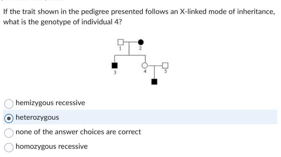 If the trait shown in the pedigree presented follows an X-linked mode of inheritance,
what is the genotype of individual 4?
1
hemizygous recessive
heterozygous
none of the answer choices are correct
homozygous recessive
Q