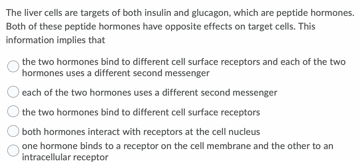 The liver cells are targets of both insulin and glucagon, which are peptide hormones.
Both of these peptide hormones have opposite effects on target cells. This
information implies that
the two hormones bind to different cell surface receptors and each of the two
hormones uses a different second messenger
each of the two hormones uses a different second messenger
the two hormones bind to different cell surface receptors
both hormones interact with receptors at the cell nucleus
one hormone binds to a receptor on the cell membrane and the other to an
intracellular receptor
