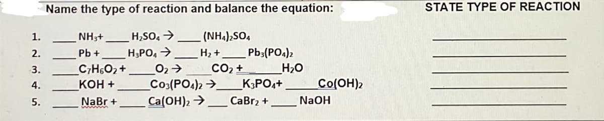 Name the type of reaction and balance the equation:
STATE TYPE OF REACTION
1.
NH3+
H;SO >
(NH.),SO,
2.
Pb +
H;PO>
H2 +
Pb:(PO4)2
CO2 +
H2O
C7H6O2+
КОН +
O2>
Co3(PO4)2 >.
3.
4.
K3PO4+
Co(OH)2
5.
NaBr +
Ca(OH)2 >
CaBr2 +
NaOH
