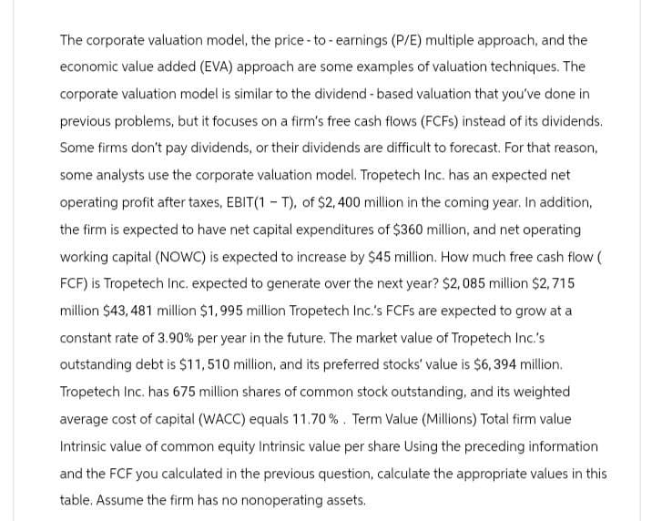 The corporate valuation model, the price-to-earnings (P/E) multiple approach, and the
economic value added (EVA) approach are some examples of valuation techniques. The
corporate valuation model is similar to the dividend-based valuation that you've done in
previous problems, but it focuses on a firm's free cash flows (FCFS) instead of its dividends.
Some firms don't pay dividends, or their dividends are difficult to forecast. For that reason,
some analysts use the corporate valuation model. Tropetech Inc. has an expected net
operating profit after taxes, EBIT(1-T), of $2,400 million in the coming year. In addition,
the firm is expected to have net capital expenditures of $360 million, and net operating
working capital (NOWC) is expected to increase by $45 million. How much free cash flow (
FCF) is Tropetech Inc. expected to generate over the next year? $2,085 million $2,715
million $43,481 million $1,995 million Tropetech Inc.'s FCFs are expected to grow at a
constant rate of 3.90% per year in the future. The market value of Tropetech Inc.'s
outstanding debt is $11,510 million, and its preferred stocks' value is $6,394 million.
Tropetech Inc. has 675 million shares of common stock outstanding, and its weighted
average cost of capital (WACC) equals 11.70%. Term Value (Millions) Total firm value
Intrinsic value of common equity Intrinsic value per share Using the preceding information
and the FCF you calculated in the previous question, calculate the appropriate values in this
table. Assume the firm has no nonoperating assets.
