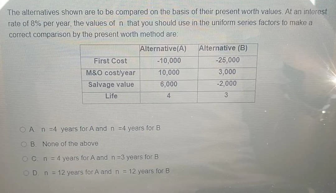 The alternatives shown are to be compared on the basis of their present worth values. At an interest
rate of 8% per year, the values of n that you should use in the uniform series factors to make a
correct comparison by the present worth method are:
Alternative(A)
Alternative (B)
-25,000
-10,000
10,000
First Cost
M&O cost/year
3,000
Salvage value
6,000
-2,000
Life
4
O A n 4 years for A and n =4 years for B
OB. None of the above
O C. n = 4 years for A and n =3 years for B
O D. n = 12 years for A and n = 12 years for B
