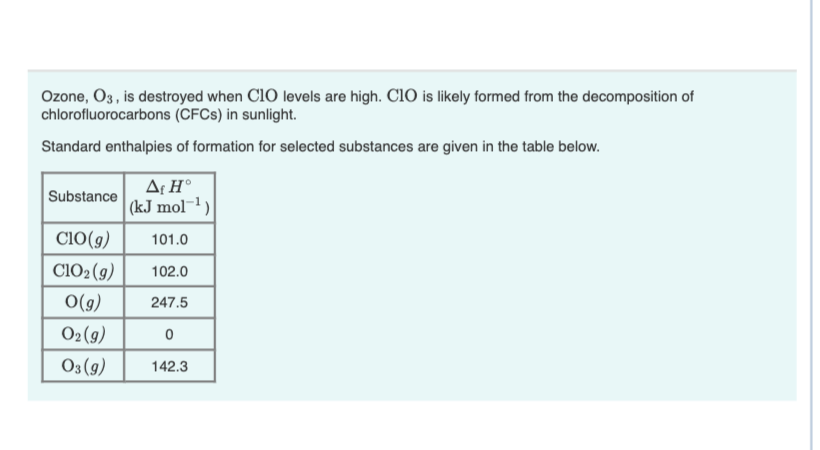 Ozone, O3, is destroyed when ClO levels are high. ClO is likely formed from the decomposition of
chlorofluorocarbons (CFCS) in sunlight.
Standard enthalpies of formation for selected substances are given in the table below.
Substance
(kJ mol-1)
ClO(g)
101.0
ClO2 (g)
102.0
O(g)
247.5
O2(9)
O3 (9)
142.3
