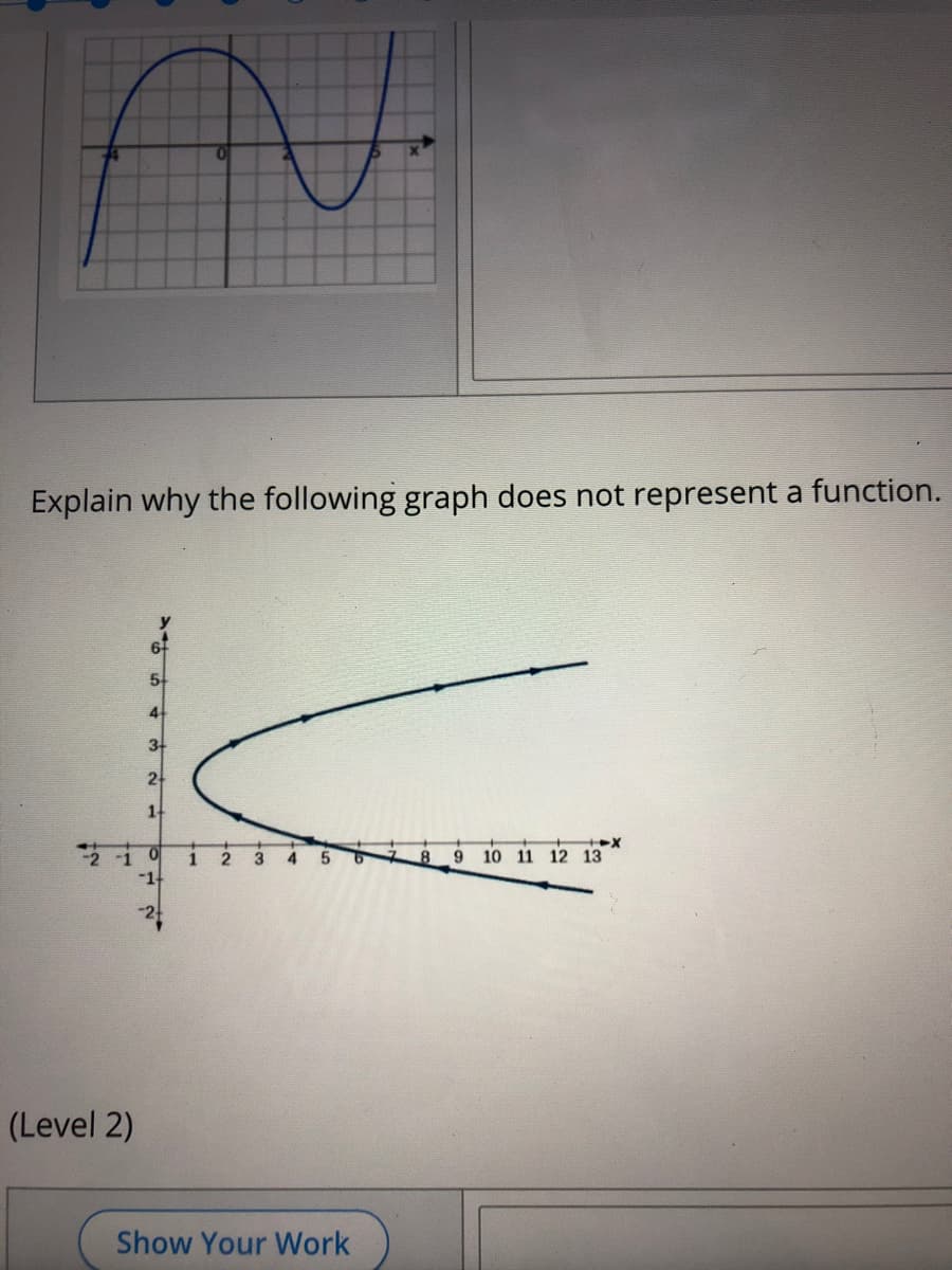 Explain why the following graph does not represent a function.
6+
5
4
3-
2
1-
9 10 11 12 13
1
-1-
4.
78
(Level 2)
Show Your Work
