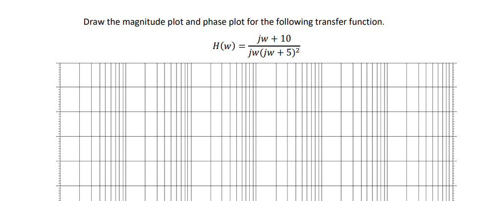 Draw the magnitude plot and phase plot for the following transfer function.
jw + 10
H(w) =
jw(jw + 5)²
