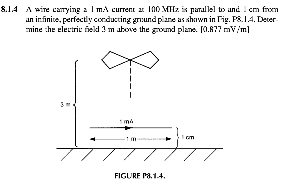 8.1.4 A wire carrying a 1 mA current at 100 MHz is parallel to and 1 cm from
an infinite, perfectly conducting ground plane as shown in Fig. P8.1.4. Deter-
mine the electric field 3 m above the ground plane. [0.877 mV/m]
3 m
1 mA
1 cm
1 m
FIGURE P8.1.4.