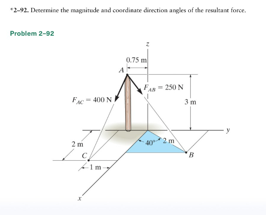 *2-92. Determine the magnitude and coordinate direction angles of the resultant force.
Problem 2-92
FAC = 400 N
2m
J
C
L
X
1m-
Z
0.75 m
FAB = 250 N
40° 2 m
3 m
B