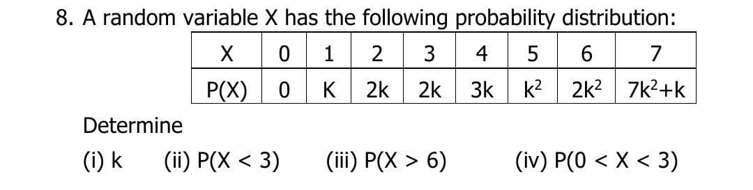 8. A random variable X has the following probability distribution:
X
0
1
2
3
4 5 6
7
P(X) 0
K
2k 2k
3k
k²
2k² 7k²+k
Determine
(i) k
(ii) P(X < 3)
(iii) P(X > 6)
(iv) P(0 < x < 3)