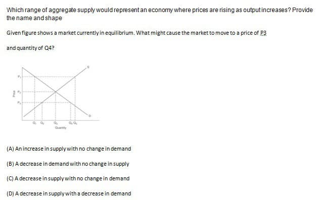 Which range of aggregate supply would represent an economy where prices are rising as output increases? Provide
the name and shape
Given figure shows a market currently in equilibrium. What might cause the market to move to a price of P3
and quantity of Q4?
0,0₂
0₂
D
(A) An increase in supply with no change in demand
(B) A decrease in demand with no change in supply
(C) A decrease in supply with no change in demand
(D) A decrease in supply with a decrease in demand