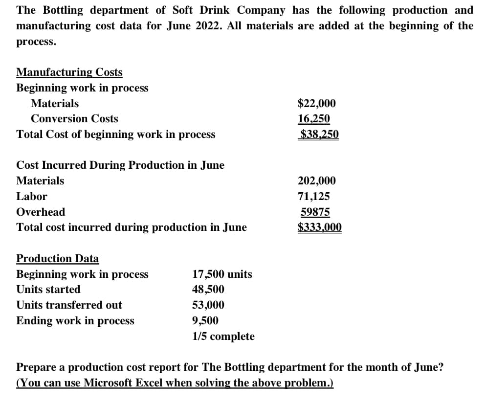 The Bottling department of Soft Drink Company has the following production and
manufacturing cost data for June 2022. All materials are added at the beginning of the
process.
Manufacturing Costs
Beginning work in process
Materials
Conversion Costs
Total Cost of beginning work in process
Cost Incurred During Production in June
Materials
Labor
Overhead
Total cost incurred during production in June
Production Data
Beginning work in process
Units started
Units transferred out
Ending work in process
17,500 units
48,500
53,000
9,500
1/5 complete
$22,000
16,250
$38,250
202,000
71,125
59875
$333,000
Prepare a production cost report for The Bottling department for the month of June?
(You can use Microsoft Excel when solving the above problem.)