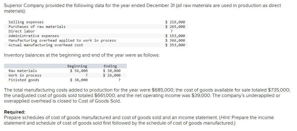 Superior Company provided the following data for the year ended December 31 (all raw materials are used in production as direct
materials):
Selling expenses
Purchases of raw materials
Direct labor
Administrative expenses
Manufacturing overhead applied to work in process
Actual manufacturing overhead cost.
Inventory balances at the beginning and end of the year were as follows:
Raw materials
Work in process
Finished goods
Beginning
$ 56,000
?
$ 38,000
Ending
$ 30,000
$ 26,000
?
$ 219,000
$ 265,000
?
$ 153,000
$ 366,000
$ 353,000
The total manufacturing costs added to production for the year were $685,000; the cost of goods available for sale totaled $735,000;
the unadjusted cost of goods sold totaled $661,000; and the net operating income was $39,000. The company's underapplied or
overapplied overhead is closed to Cost of Goods Sold.
Required:
Prepare schedules of cost of goods manufactured and cost of goods sold and an income statement. (Hint: Prepare the income
statement and schedule of cost of goods sold first followed by the schedule of cost of goods manufactured.)
