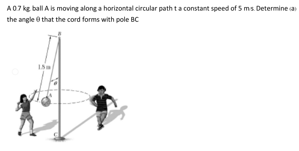A 0.7 kg. ball A is moving along a horizontal circular path ta constant speed of 5 m/s. Determine (a)
the angle 0 that the cord forms with pole BC
1.5 m
