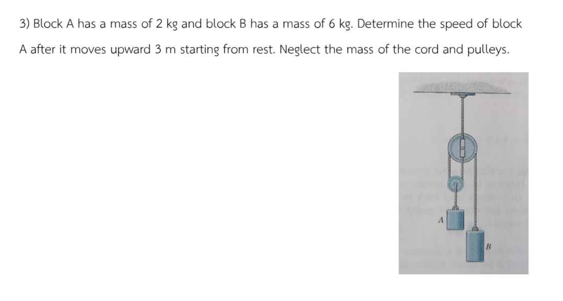 3) Block A has a mass of 2 kg and block B has a mass of 6 kg. Determine the speed of block
A after it moves upward 3 m starting from rest. Neglect the mass of the cord and pulleys.
