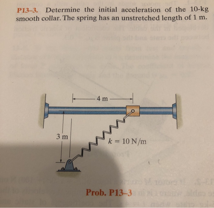 Determine the initial acceleration of the 10-kg
smooth collar. The spring has an unstretched length of 1 m.
P13-3.
