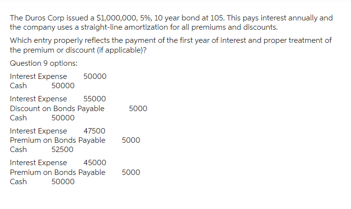 The Duros Corp issued a $1,000,000, 5%, 10 year bond at 105. This pays interest annually and
the company uses a straight-line amortization for all premiums and discounts.
Which entry properly reflects the payment of the first year of interest and proper treatment of
the premium or discount (if applicable)?
Question 9 options:
Interest Expense
Cash
50000
50000
Interest Expense 55000
Discount on Bonds Payable
Cash 50000
Interest Expense
47500
Premium on Bonds Payable
Cash
52500
Interest Expense
45000
Premium on Bonds Payable
Cash
50000
5000
5000
5000