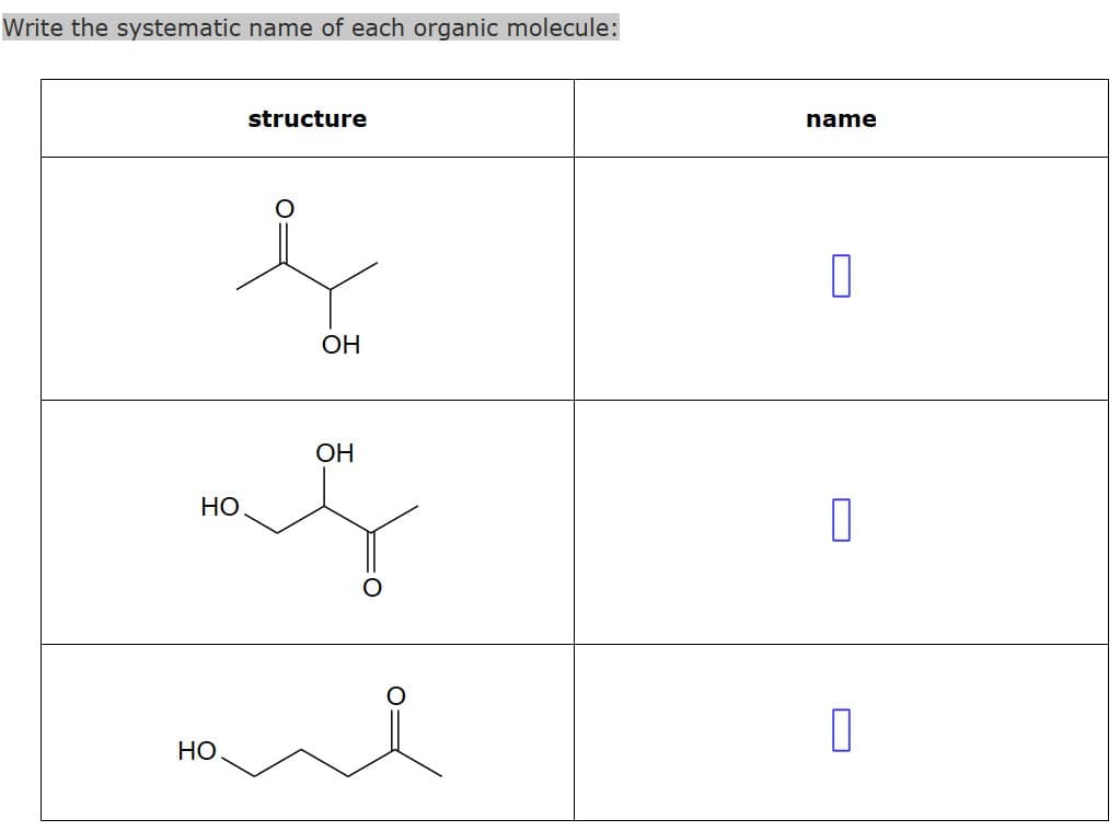 Write the systematic name of each organic molecule:
HO
HO
structure
name
OH
☐
OH
U