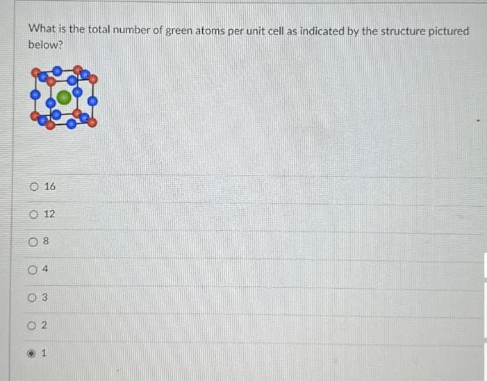 What is the total number of green atoms per unit cell as indicated by the structure pictured
below?
16
O 12
08
04
03
02
1