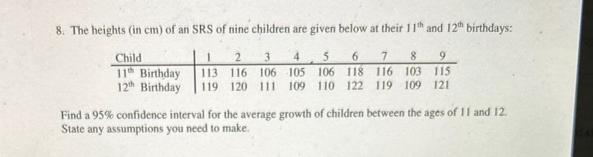 8. The heights (in cm) of an SRS of nine children are given below at their 11th and 12th birthdays:
Child
1
2
3
11th Birthday
113
12th Birthday
116
119 120
4 5
106 105 106 118
111 109 110 122
6
7
116 103 115
8
9
119 109 121
Find a 95% confidence interval for the average growth of children between the ages of 11 and 12.
State any assumptions you need to make.