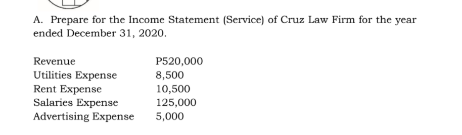 A. Prepare for the Income Statement (Service) of Cruz Law Firm for the year
ended December 31, 2020.
P520,000
8,500
Revenue
Utilities Expense
Rent Expense
Salaries Expense
Advertising Expense
10,500
125,000
5,000
