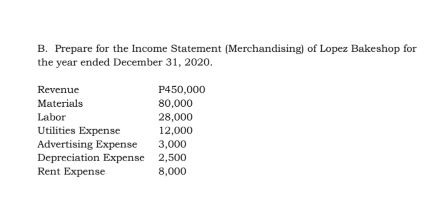 B. Prepare for the Income Statement (Merchandising) of Lopez Bakeshop for
the year ended December 31, 2020.
Revenue
P450,000
80,000
28,000
Materials
Labor
Utilities Expense
Advertising Expense
Depreciation Expense 2,500
Rent Expense
12,000
3,000
8,000
