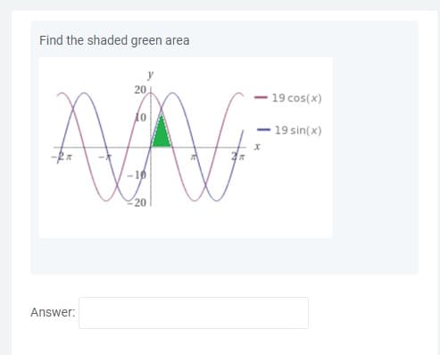 Find the shaded green area
20
19 cos(x)
19 sin(x)
20
Answer:
