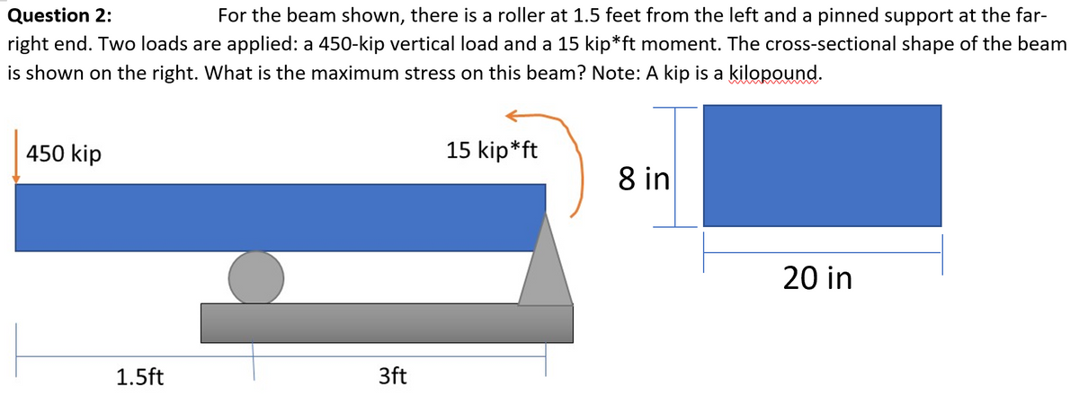 Question 2:
For the beam shown, there is a roller at 1.5 feet from the left and a pinned support at the far-
right end. Two loads are applied: a 450-kip vertical load and a 15 kip*ft moment. The cross-sectional shape of the beam
is shown on the right. What is the maximum stress on this beam? Note: A kip is a kilopound.
450 kip
15 kip*ft
8 in
20 in
1.5ft
3ft
