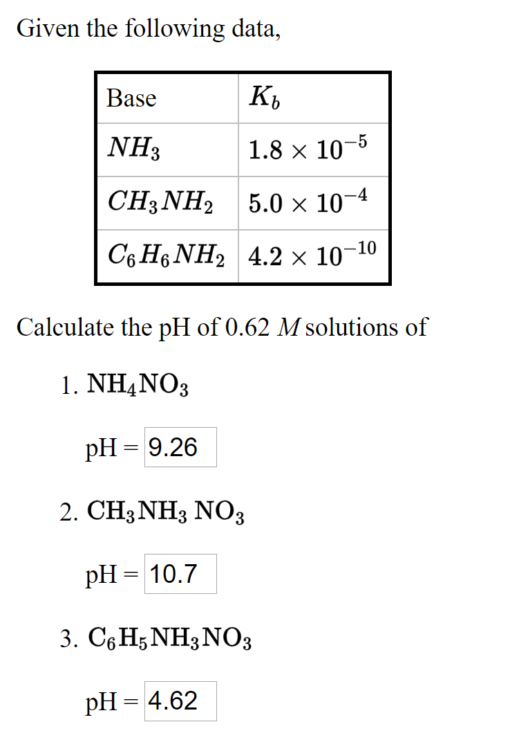 Given the following data,
Base
K,
NH3
1.8 x 10-5
CH3NH2
5.0 x 10-4
C6 H6 NH2 4.2 × 10-10
Calculate the pH of 0.62 M solutions of
1. NH¼NO3
pH = 9.26
2. CH3NH3 NO3
pH = 10.7
3. C6 H; NH3NO3
pH = 4.62

