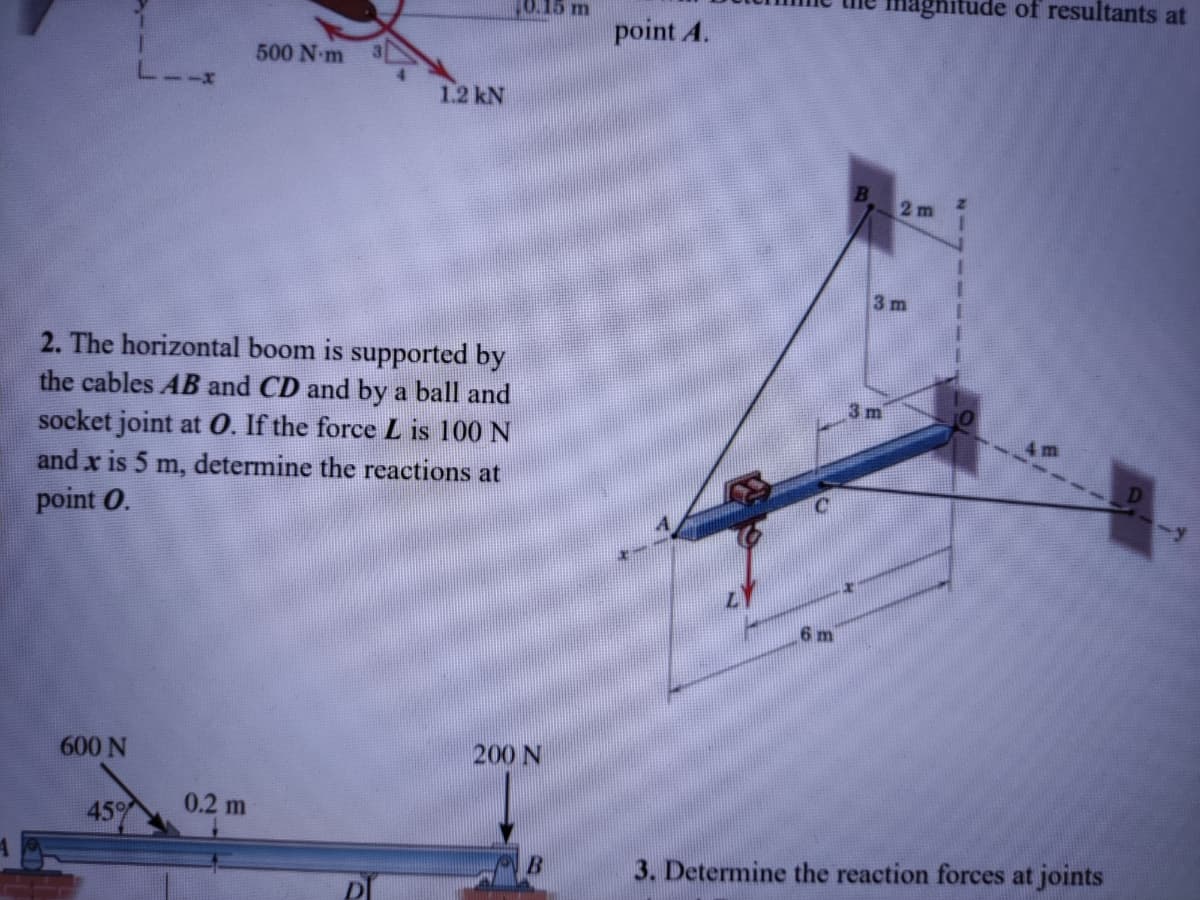 agnitude of resultants at
u GLot
point A.
500 N-m
1.2 kN
B.
2 m
3 m
2. The horizontal boom is supported by
the cables AB and CD and by a ball and
socket joint at 0. If the force L is 100 N
and x is 5 m, determine the reactions at
point O.
3 m
6m
600 N
200 N
0.2 m
45%
3. Determine the reaction forces at joints
