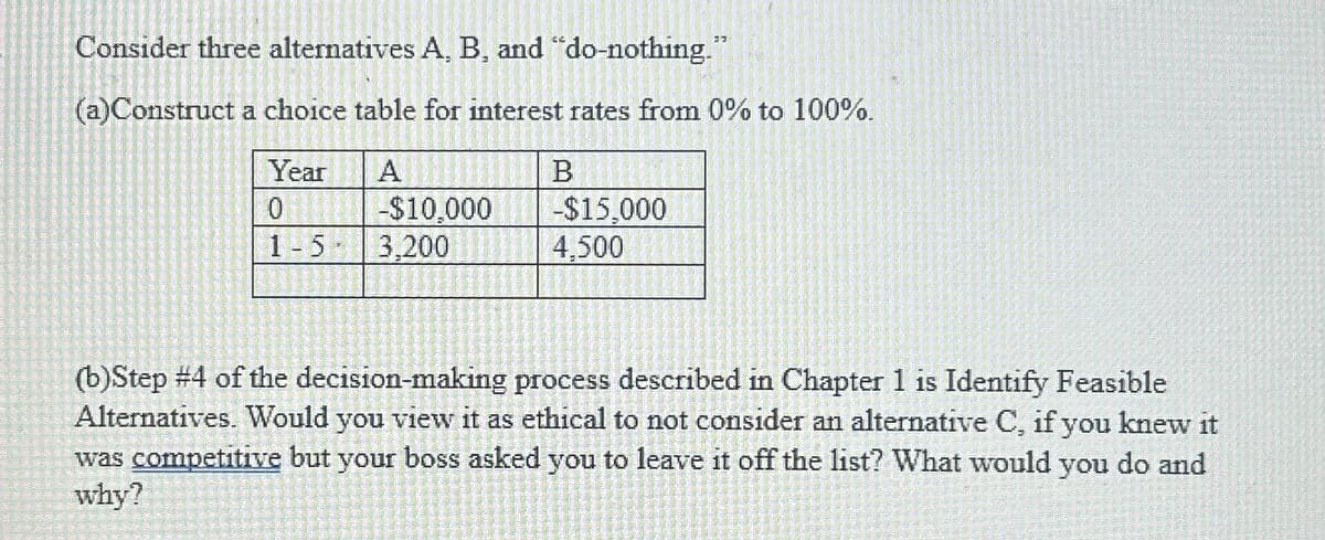 Consider three alternatives A, B, and "do-nothing."
(a)Construct a choice table for interest rates from 0% to 100%.
Year
A
B
0
1-5
-$10,000
3,200
-$15,000
4,500
(b)Step #4 of the decision-making process described in Chapter 1 is Identify Feasible
Alternatives. Would you view it as ethical to not consider an alternative C, if you knew it
was competitive but your boss asked you to leave it off the list? What would you do and
why?