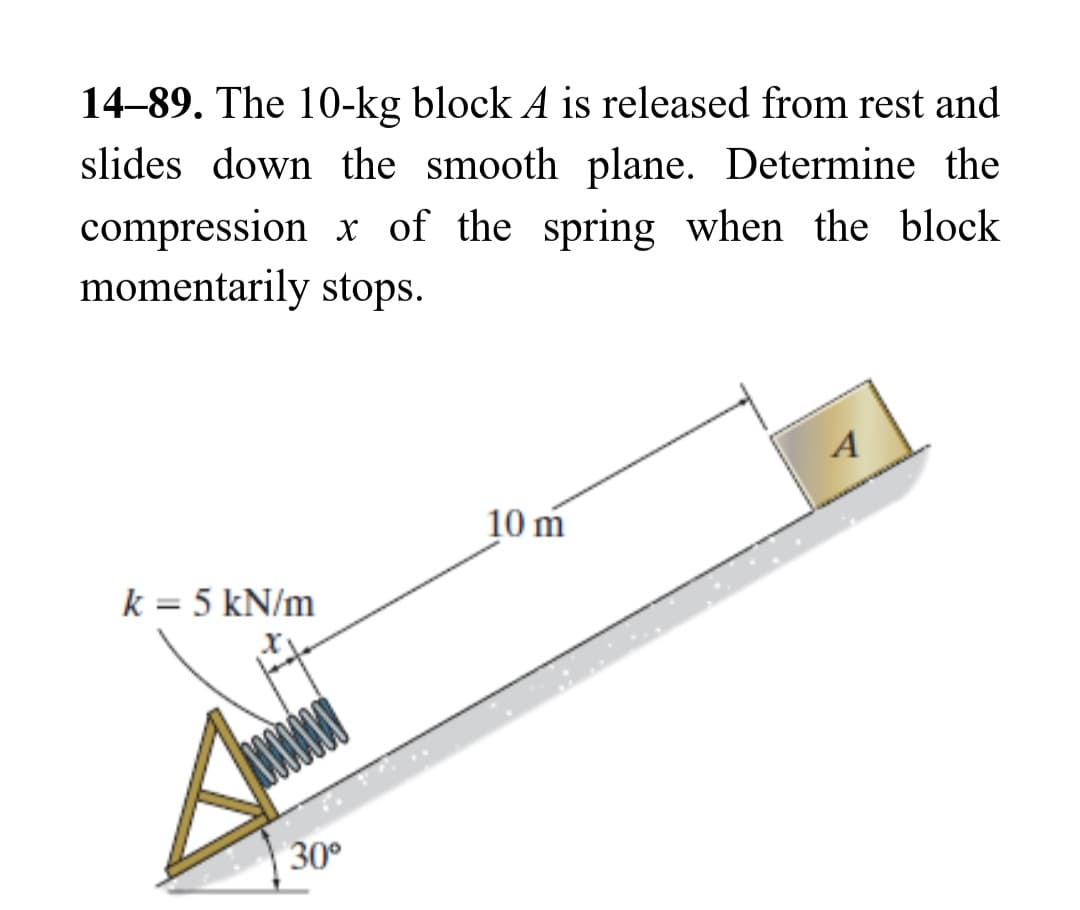 14-89. The 10-kg block A is released from rest and
slides down the smooth plane. Determine the
compression x of the spring when the block
momentarily stops.
k = 5 kN/m
30°
10 m