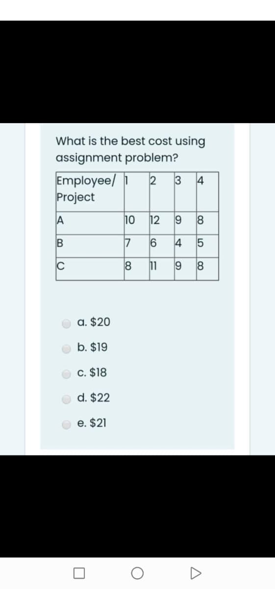 What is the best cost using
assignment problem?
Employee/ 1
Project
3
4
10
12
B
7
4 5
C
11
a. $20
b. $19
c. $18
d. $22
e. $21
2.
