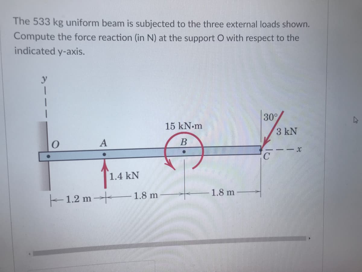 The 533 kg uniform beam is subjected to the three external loads shown.
Compute the force reaction (in N) at the support O with respect to the
indicated y-axis.
y
30°
/
15 kN.m
3 kN
A
B
C
1.4 kN
1.8 m
1.8 m
F1.2 m
